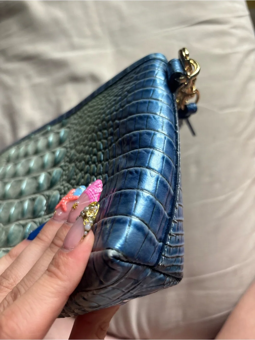 Brahmin Teal Green Iridescent Croc-Embossed Wristlet